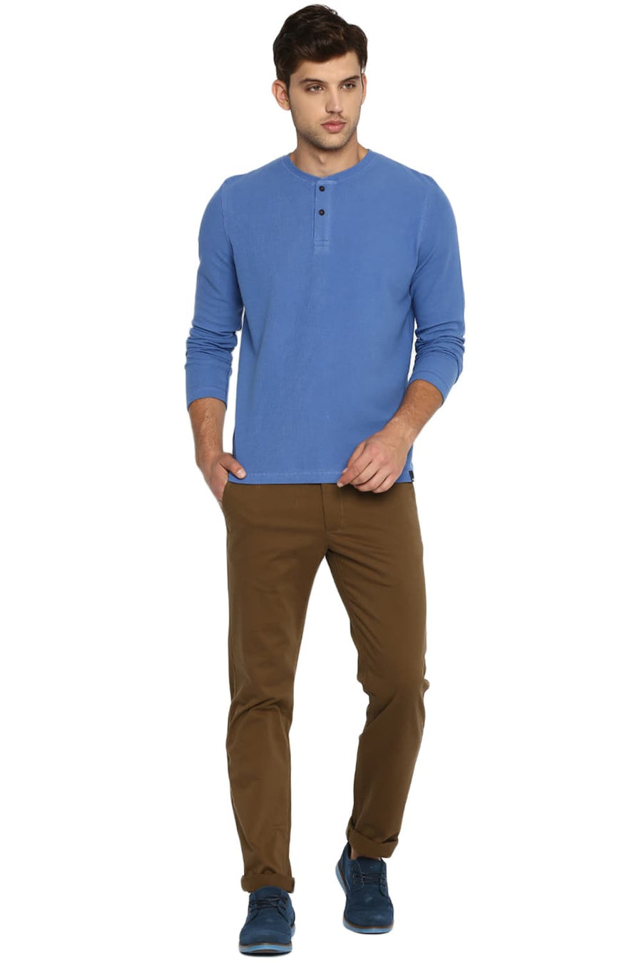 BASICS MUSCLE FIT DEDERAL BLUE HENLEY T SHIRT