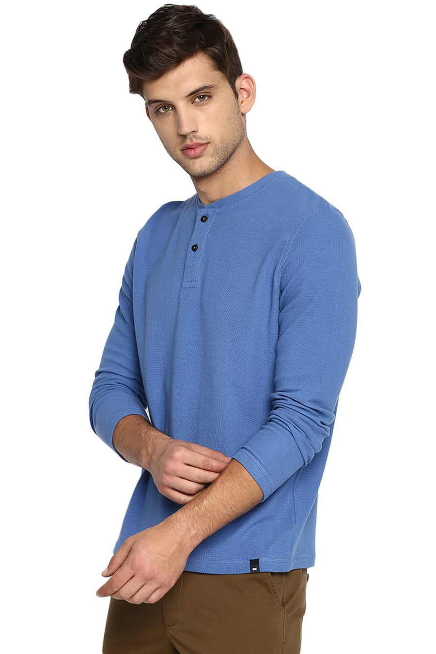 BASICS MUSCLE FIT DEDERAL BLUE HENLEY T SHIRT