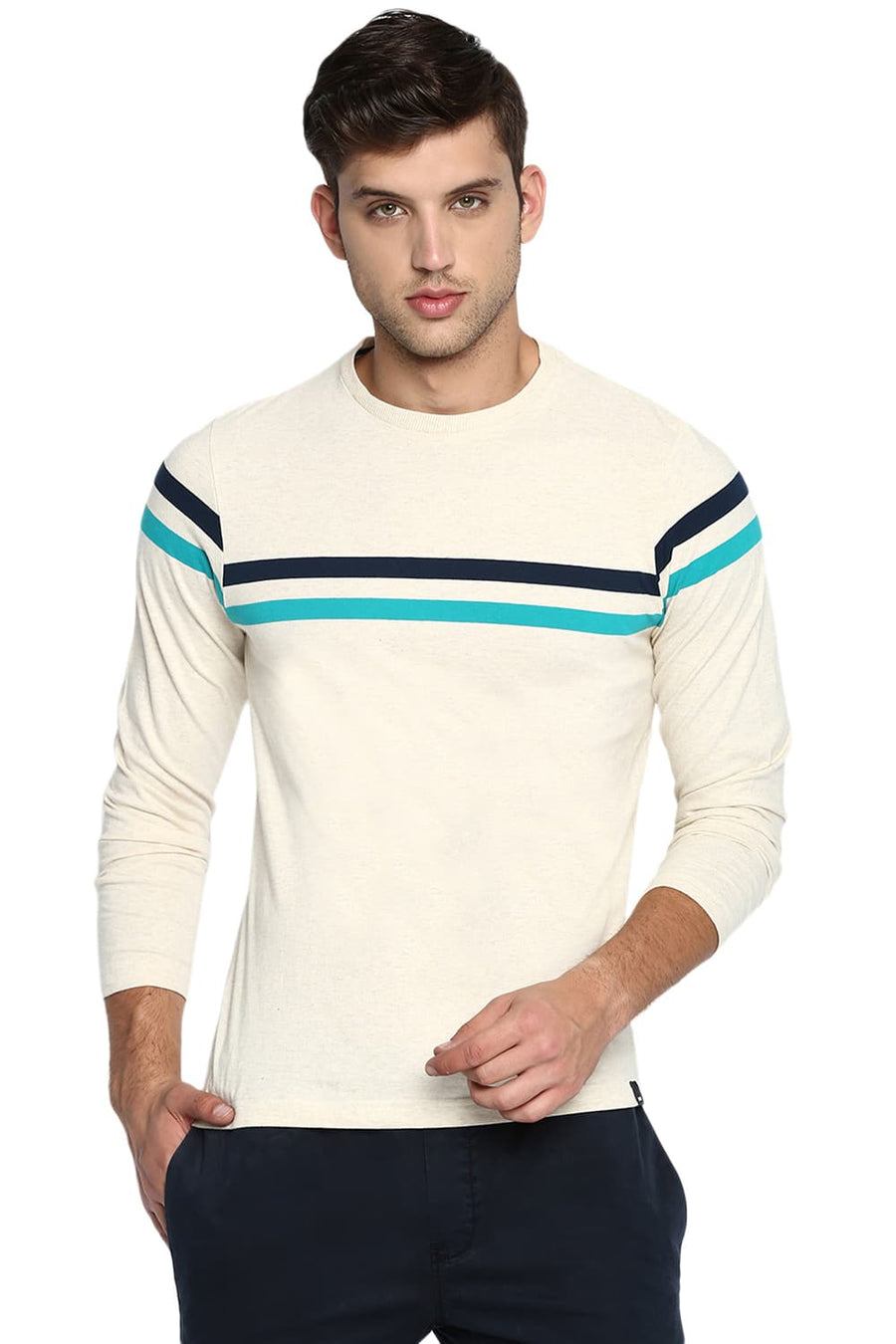 BASICS MUSCLE FIT ECRU HEATHER CREW NECK T SHIRT