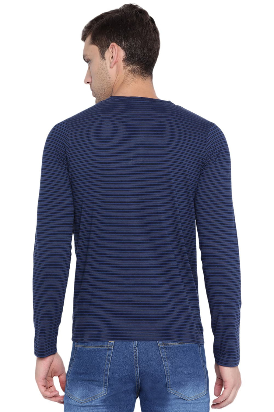 BASICS MUSCLE FIT ESTATE BLUE HENLEY STRIPES POLO T SHIRT