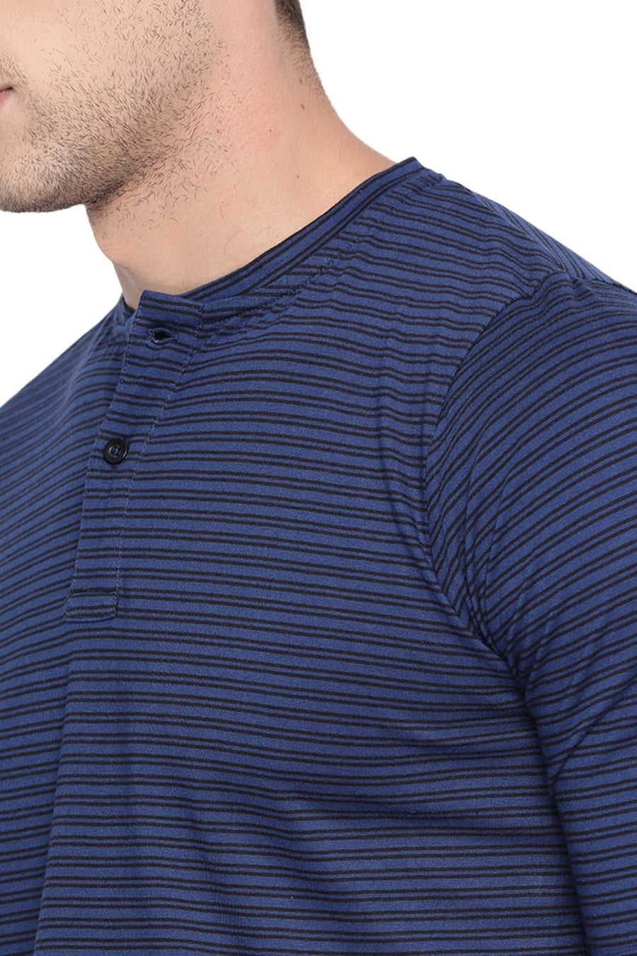 BASICS MUSCLE FIT ESTATE BLUE HENLEY STRIPES POLO T SHIRT