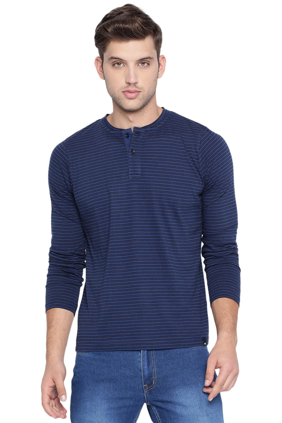 BASICS MUSCLE FIT ESTATE BLUE HENLEY STRIPES POLO T SHIRT