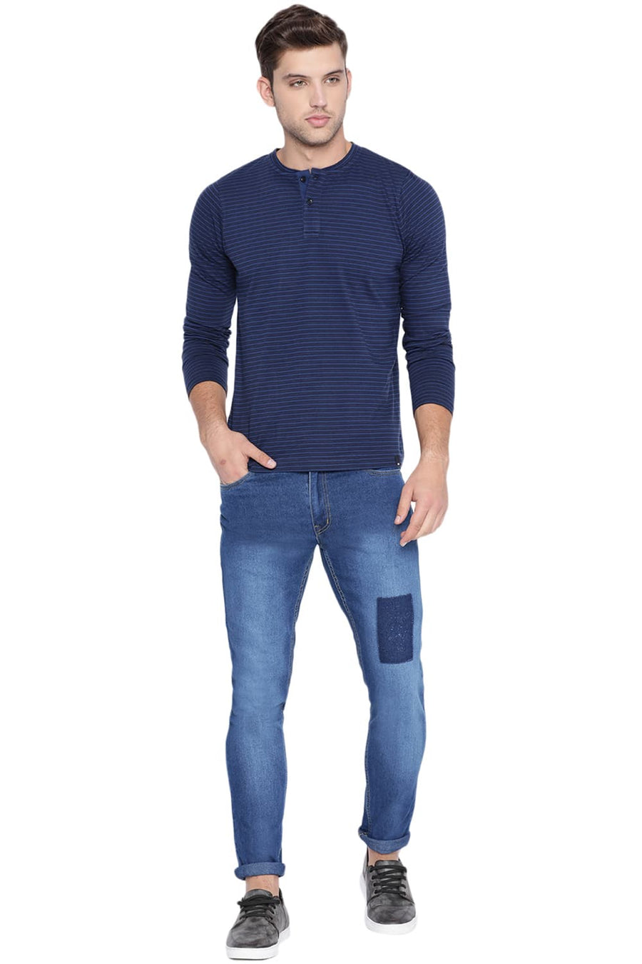 BASICS MUSCLE FIT ESTATE BLUE HENLEY STRIPES POLO T SHIRT