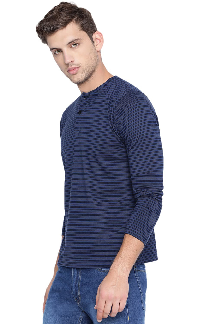 BASICS MUSCLE FIT ESTATE BLUE HENLEY STRIPES POLO T SHIRT