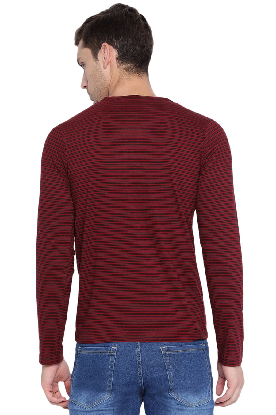 BASICS MUSCLE FIT ANDORA RED HENLEY STRIPES POLO T SHIRT