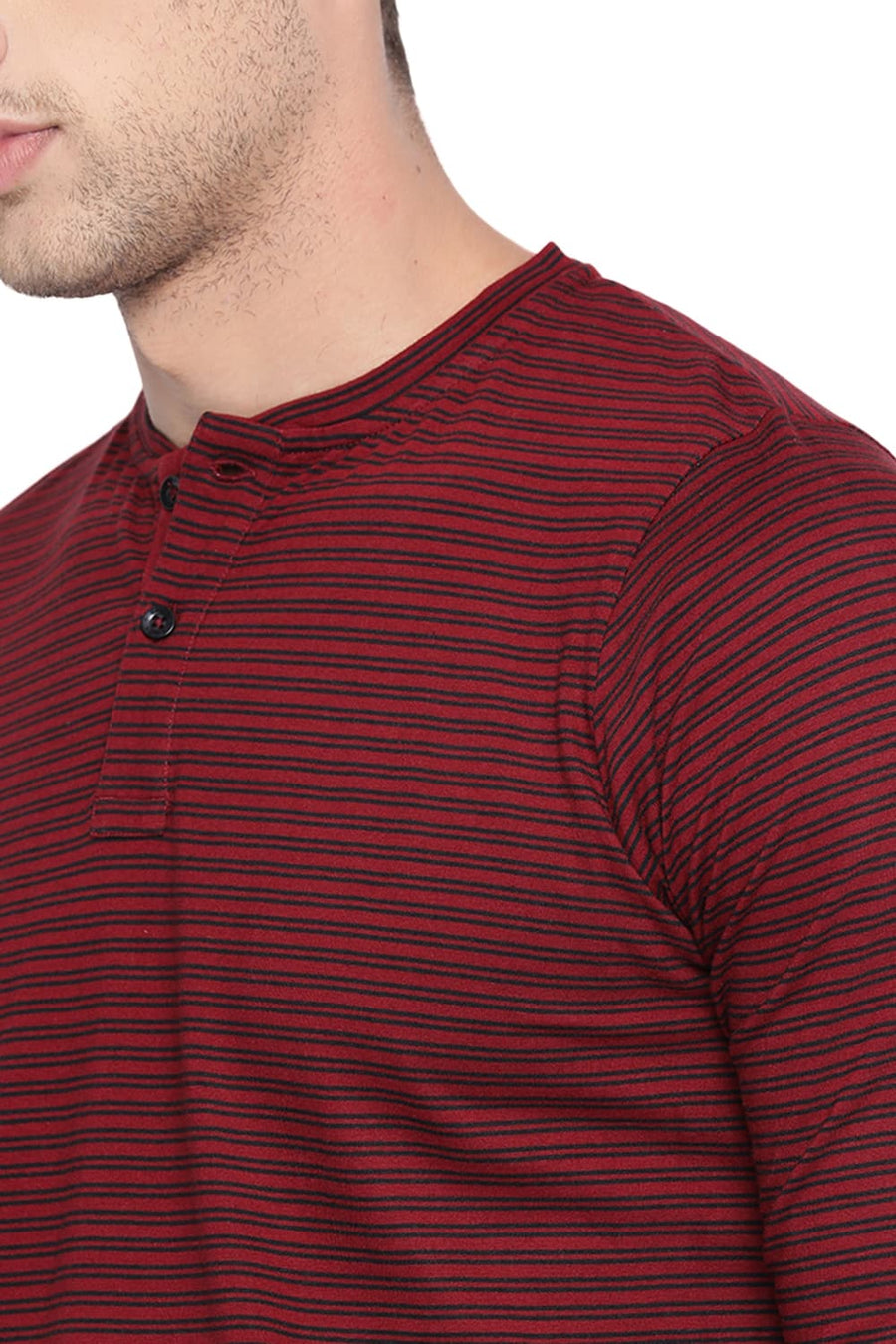 BASICS MUSCLE FIT ANDORA RED HENLEY STRIPES POLO T SHIRT