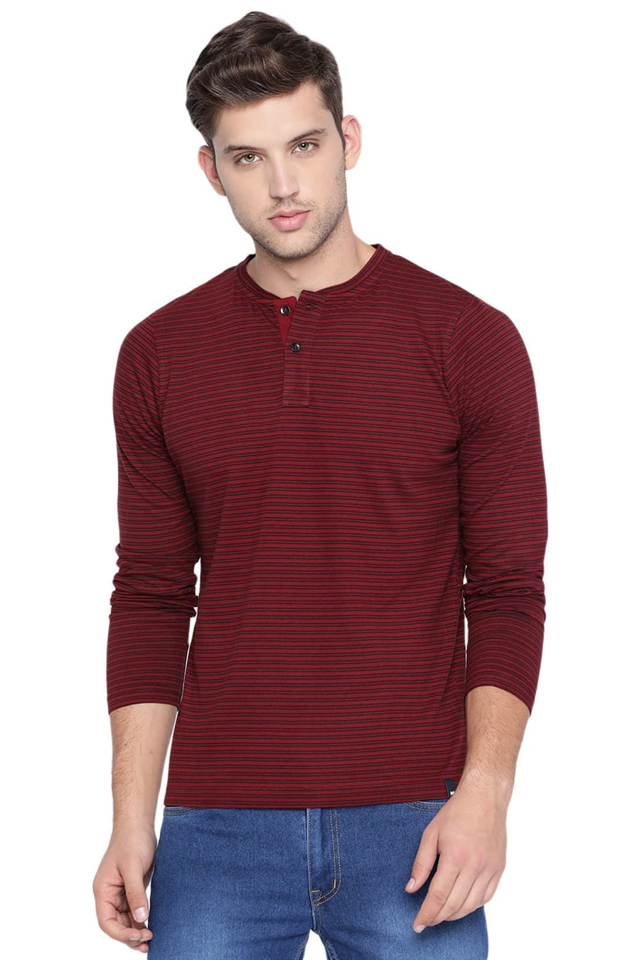 BASICS MUSCLE FIT ANDORA RED HENLEY STRIPES POLO T SHIRT