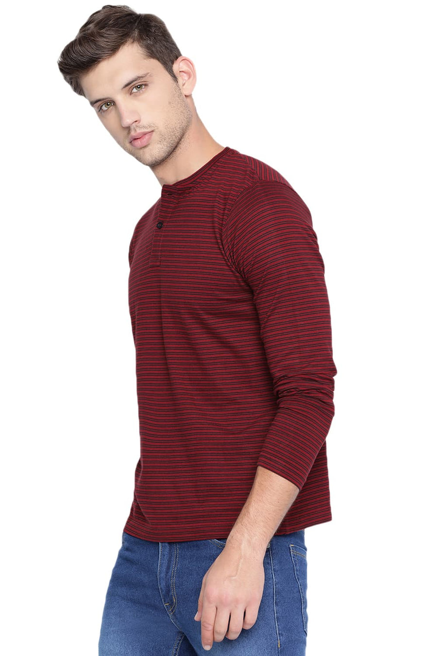 BASICS MUSCLE FIT ANDORA RED HENLEY STRIPES POLO T SHIRT