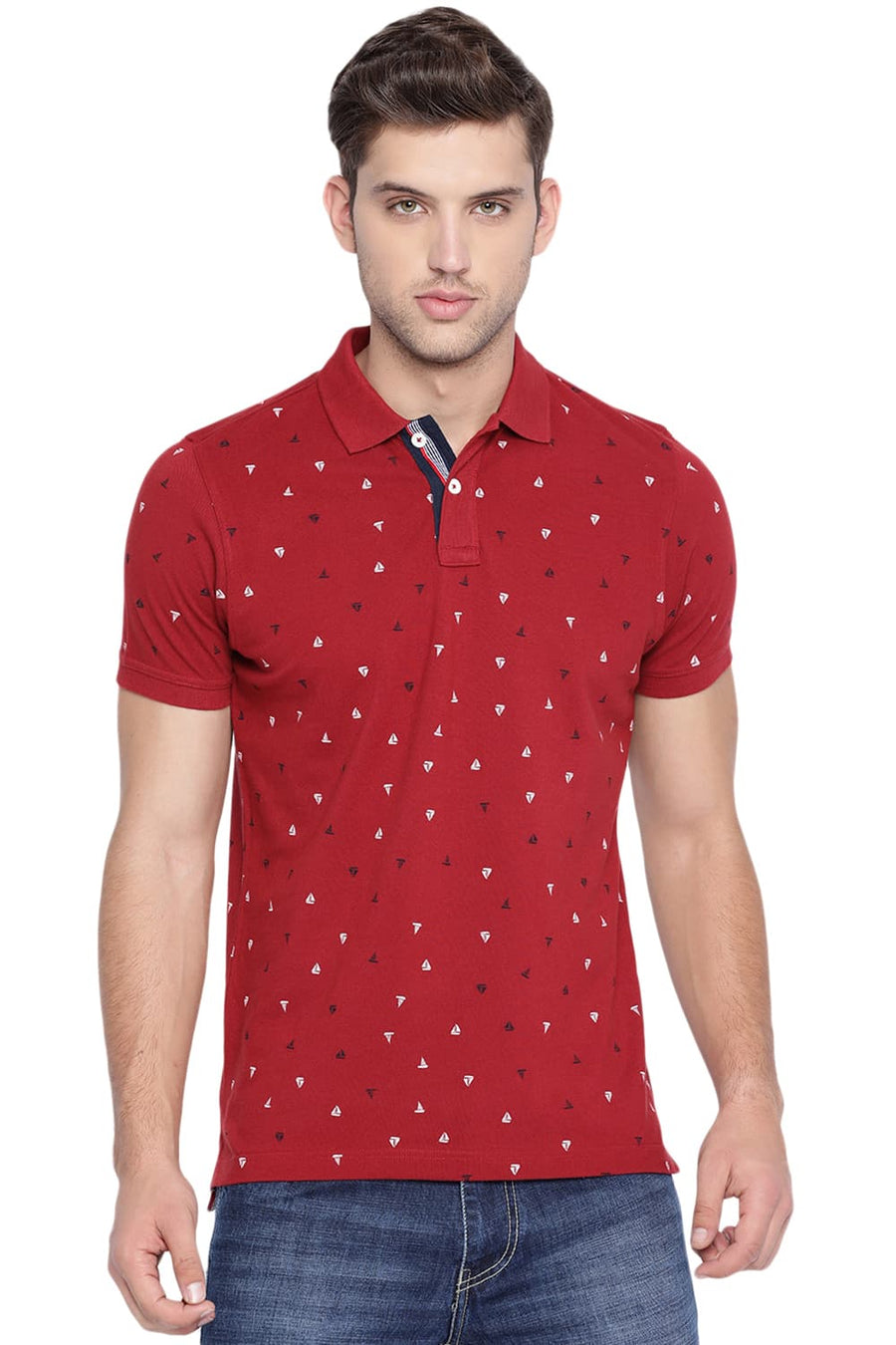 BASICS MUSCLE FIT RED DAHILA PRINTED POLO T SHIRT