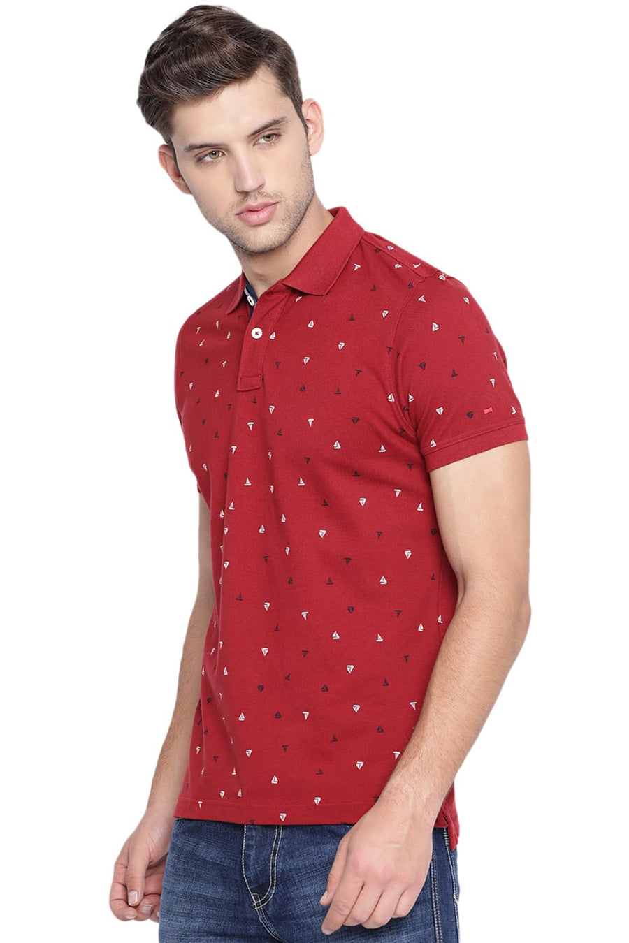 BASICS MUSCLE FIT RED DAHILA PRINTED POLO T SHIRT