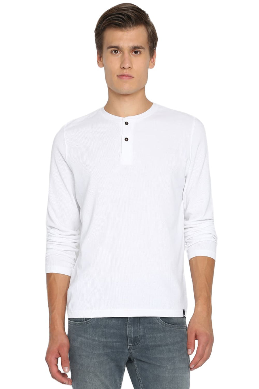 BASICS MUSCLE FIT BRIGHT WHITE HENLEY T SHIRT