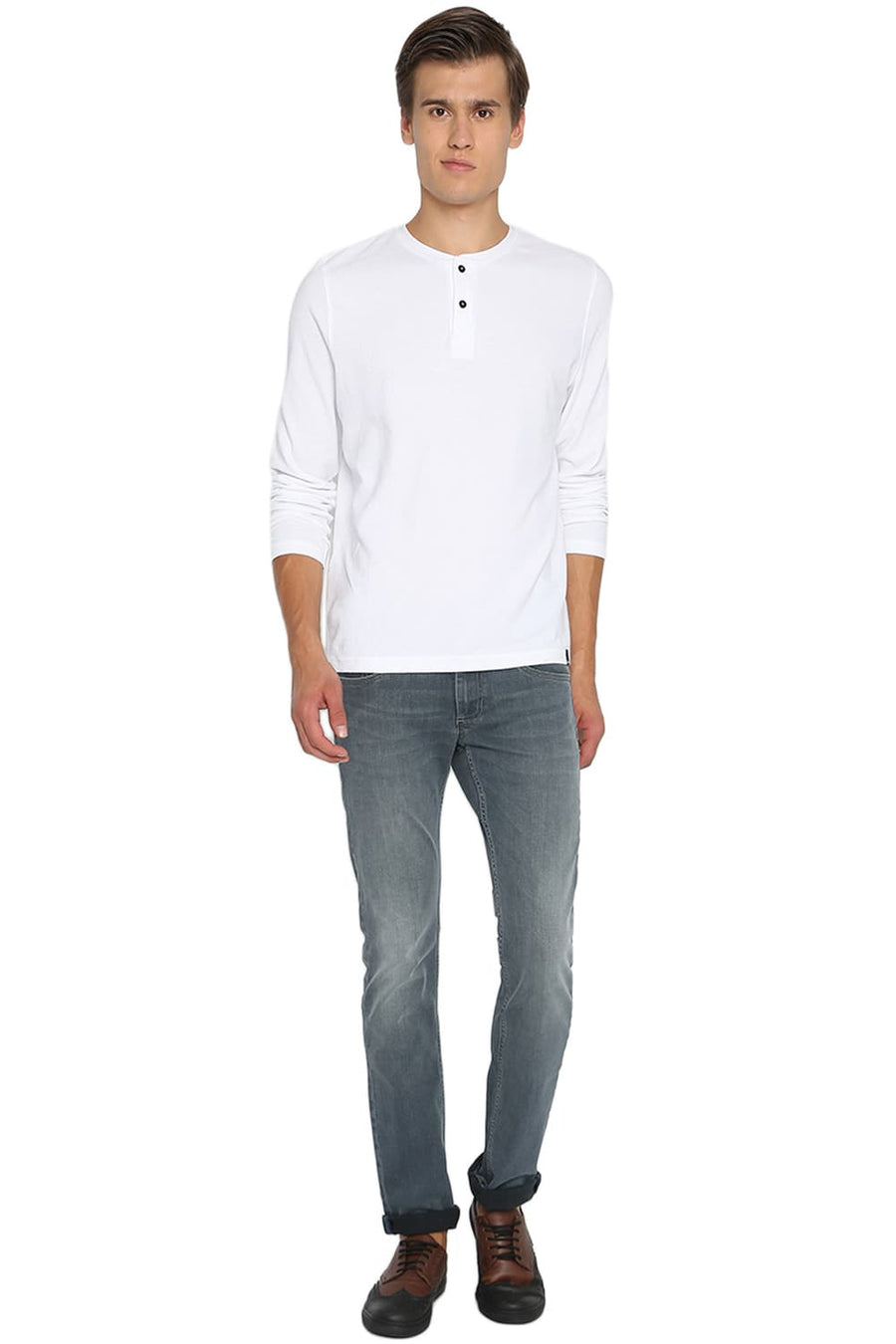 BASICS MUSCLE FIT BRIGHT WHITE HENLEY T SHIRT