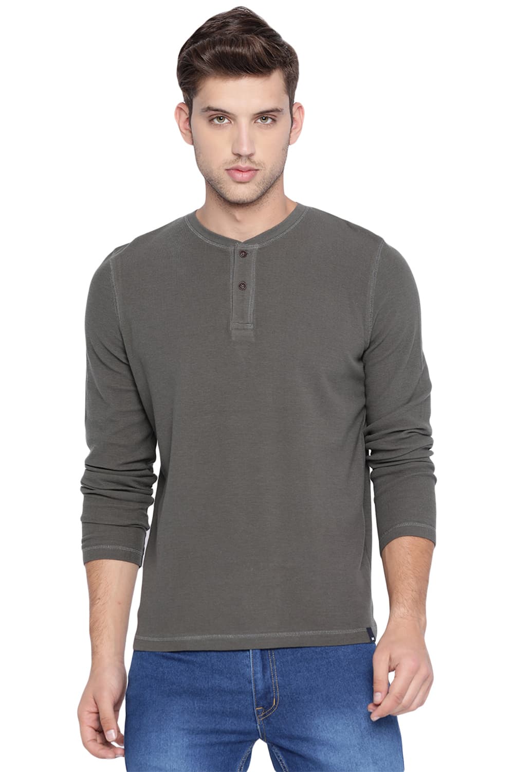 BASICS MUSCLE FIT HENLEY T SHIRT