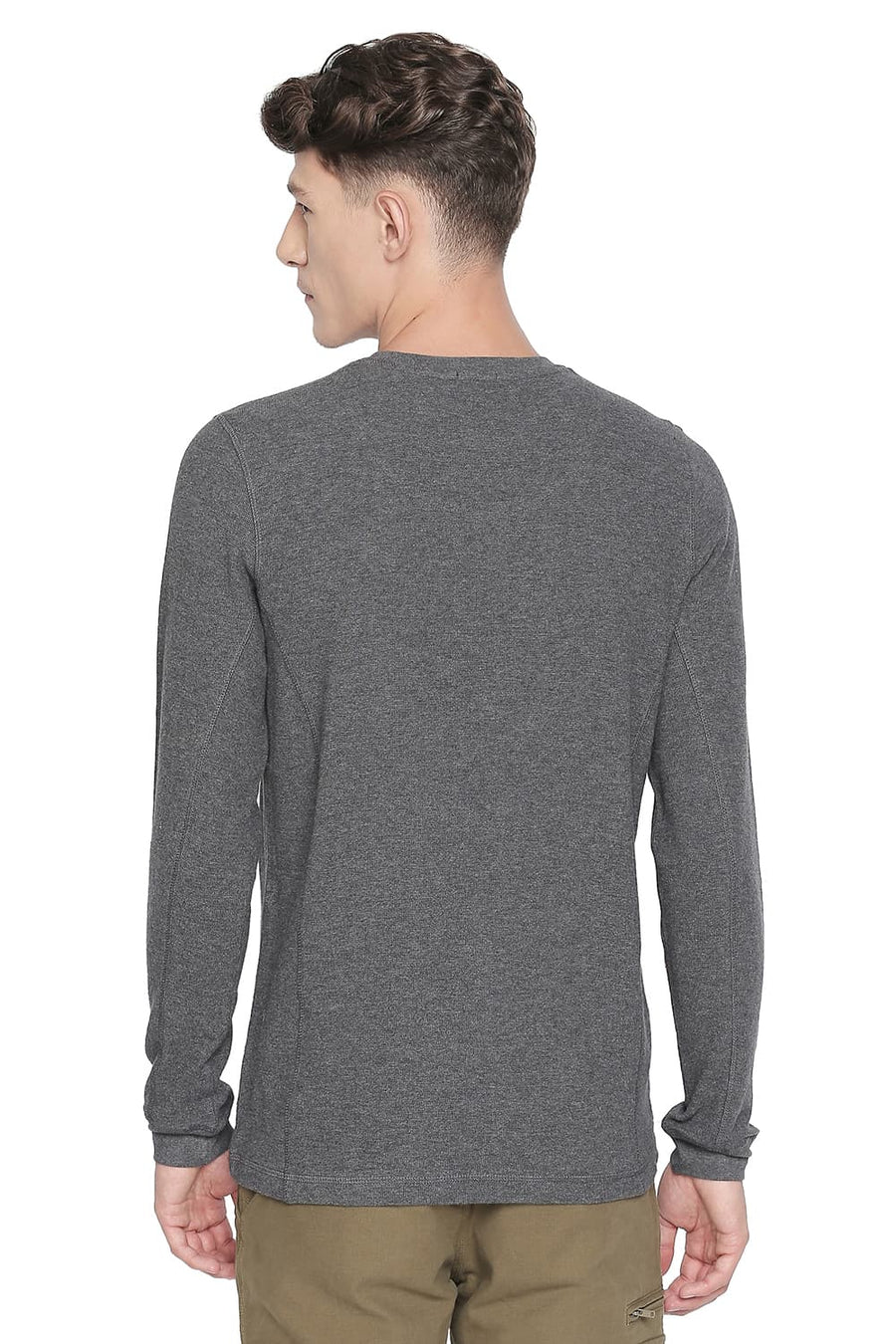 BASICS MUSCLE FIT CHARCOAL HEATHER HENLEY LONG SLEEVE T SHIRT