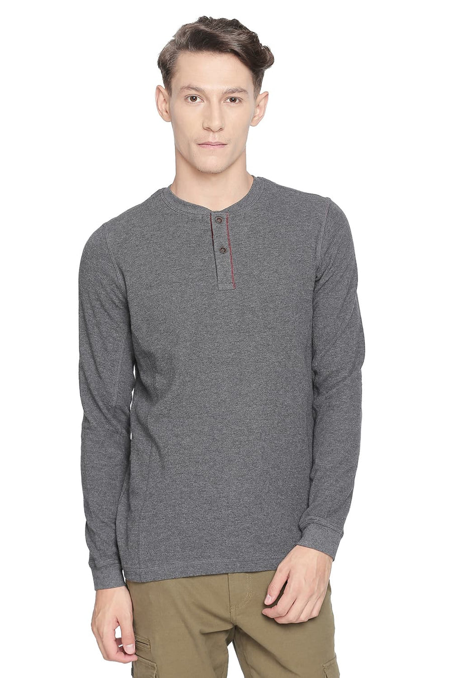 BASICS MUSCLE FIT CHARCOAL HEATHER HENLEY LONG SLEEVE T SHIRT