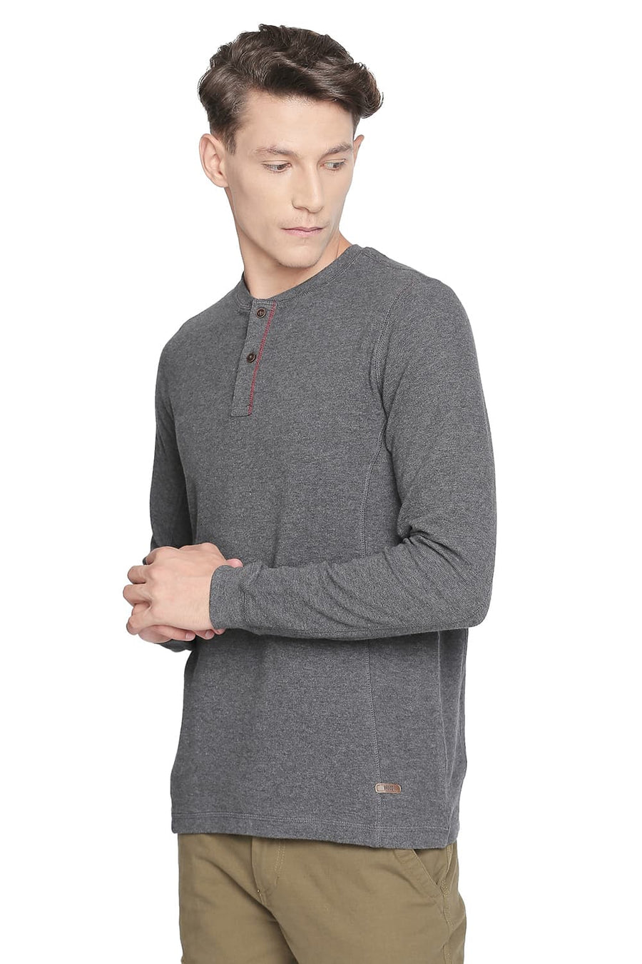 BASICS MUSCLE FIT CHARCOAL HEATHER HENLEY LONG SLEEVE T SHIRT