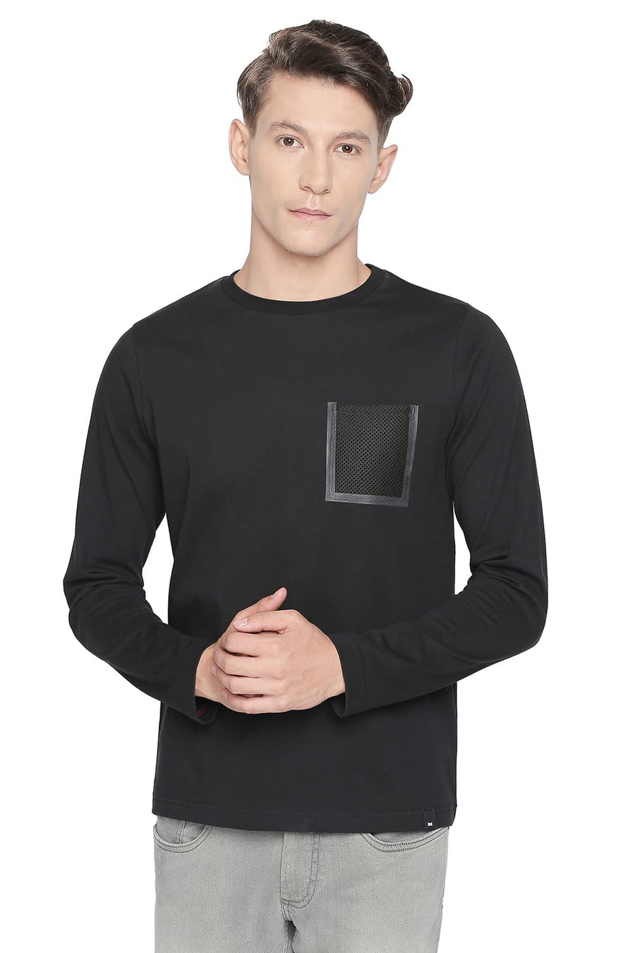BASICS MUSCLE FIT JET BLACK LONG SLEEVE CREW NECK T SHIRT
