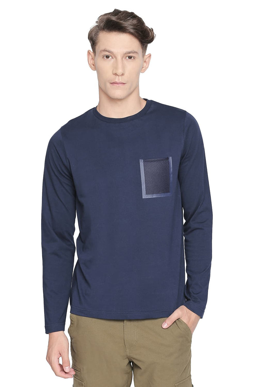 BASICS MUSCLE FIT DRESS BLUE LONG SLEEVE CREW NECK T SHIRT