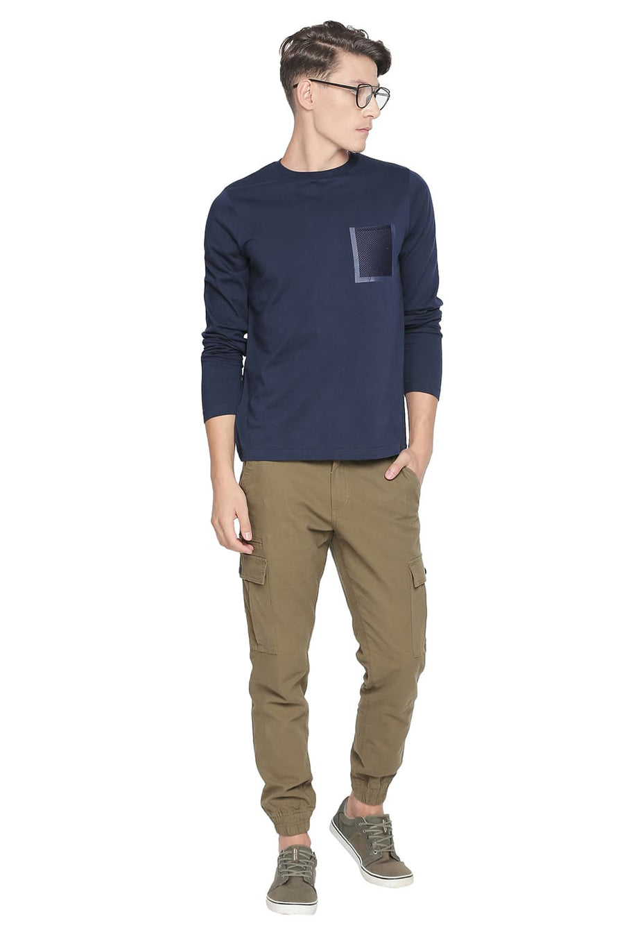 BASICS MUSCLE FIT DRESS BLUE LONG SLEEVE CREW NECK T SHIRT