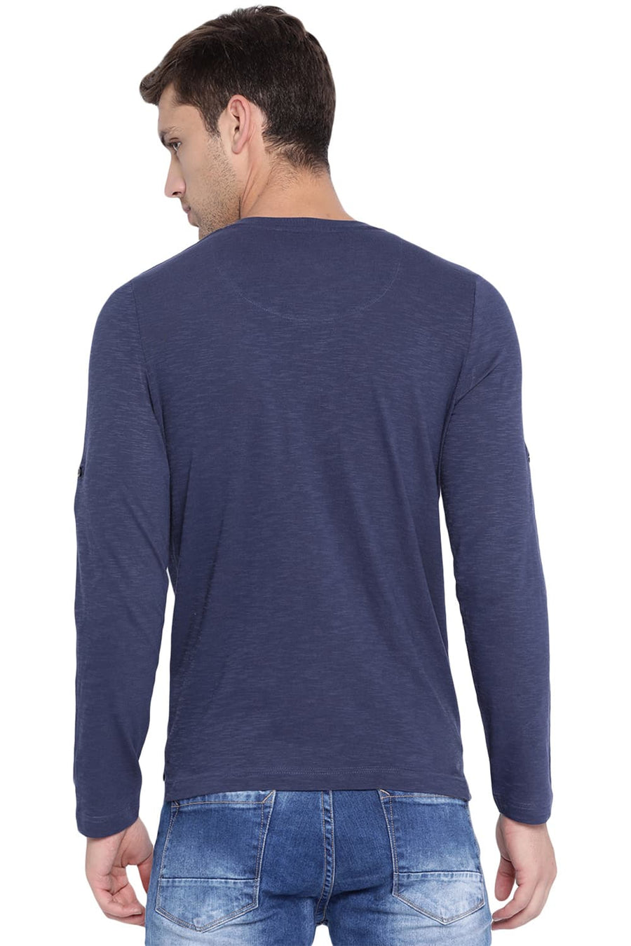 BASICS MUSCLE FIT IRIS NAVY HENLEY T SHIRT