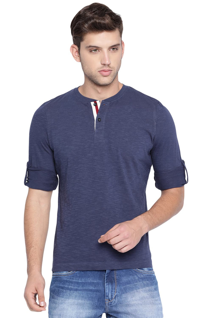 BASICS MUSCLE FIT IRIS NAVY HENLEY T SHIRT