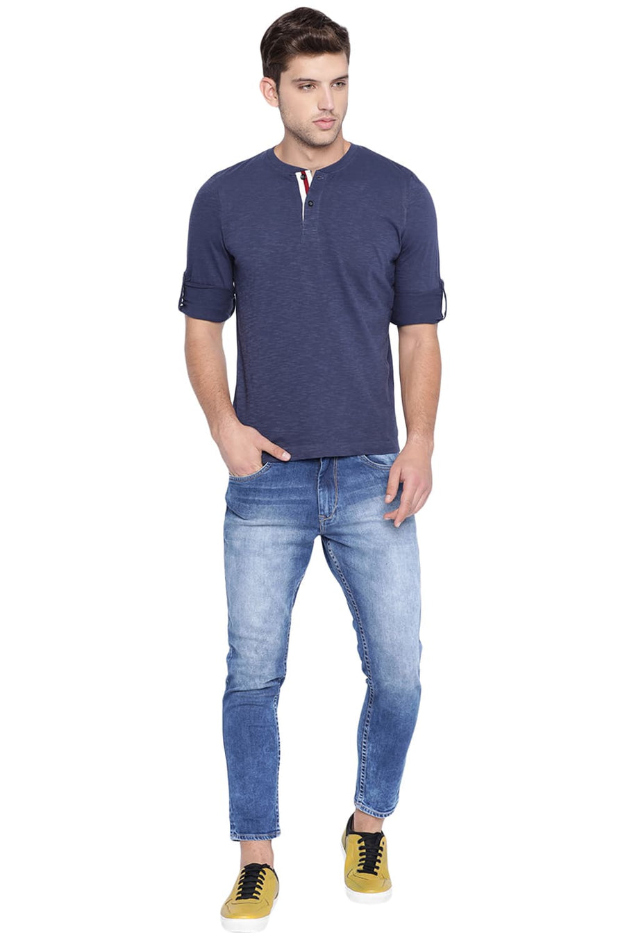 BASICS MUSCLE FIT IRIS NAVY HENLEY T SHIRT