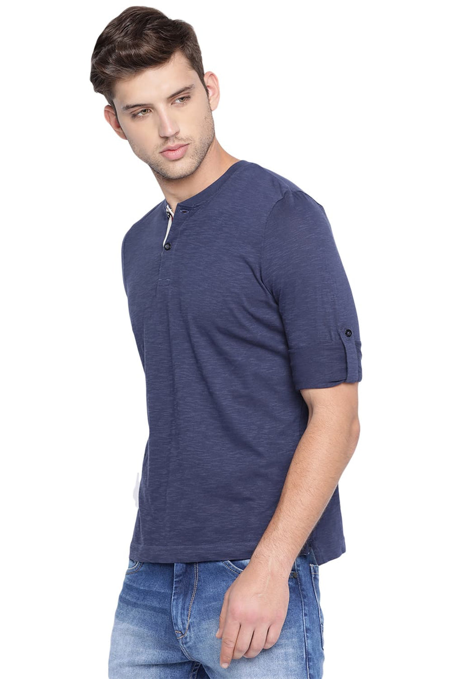 BASICS MUSCLE FIT IRIS NAVY HENLEY T SHIRT