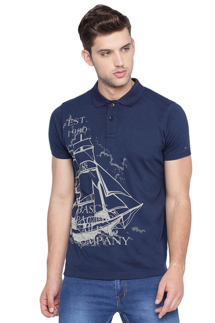 BASICS MUSCLE FIT DRESS BLUE POLO T SHIRT