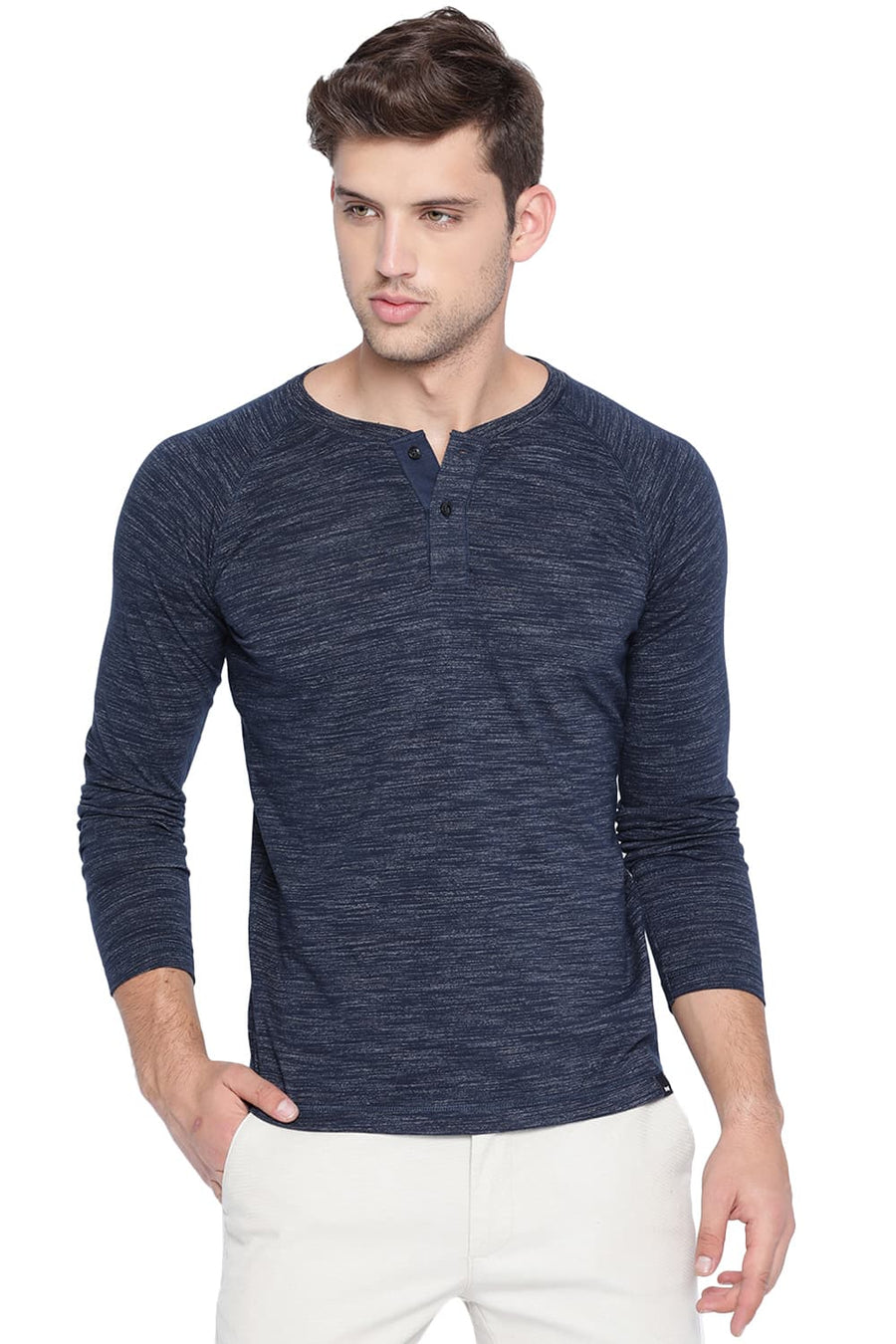 BASICS MUSCLE FIT DRESS BLUE HENLEY T SHIRT