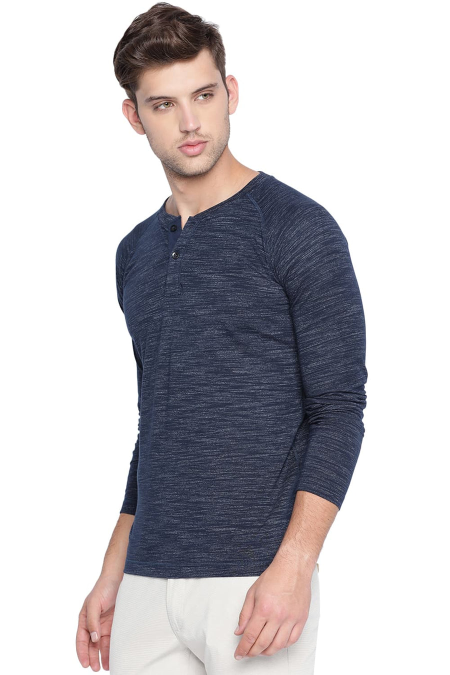 BASICS MUSCLE FIT DRESS BLUE HENLEY T SHIRT