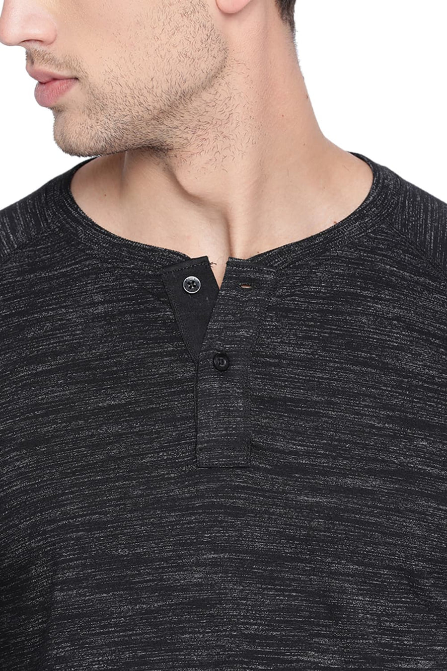 BASICS MUSCLE FIT JET BLACK HENLEY T SHIRT