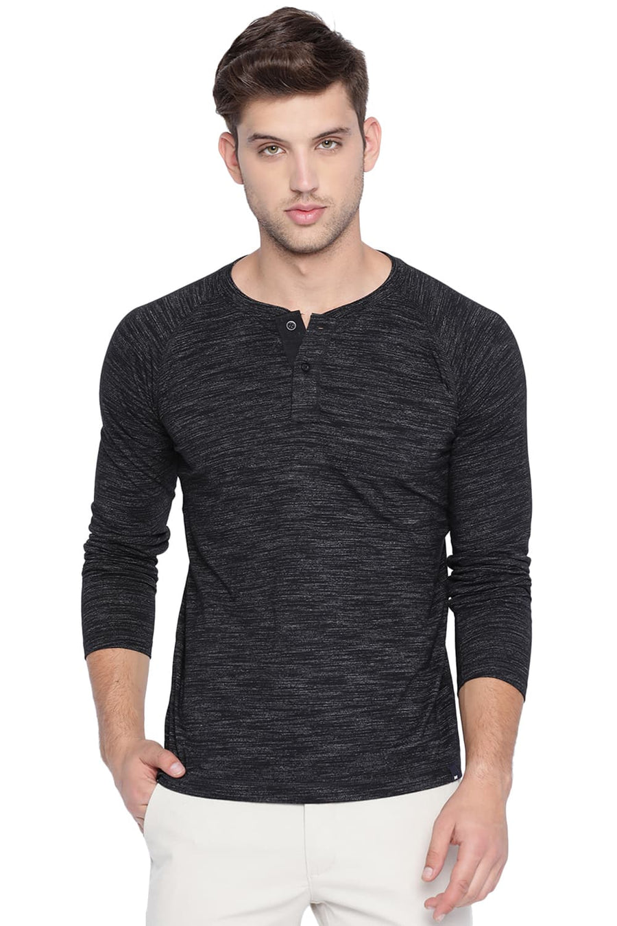 BASICS MUSCLE FIT JET BLACK HENLEY T SHIRT