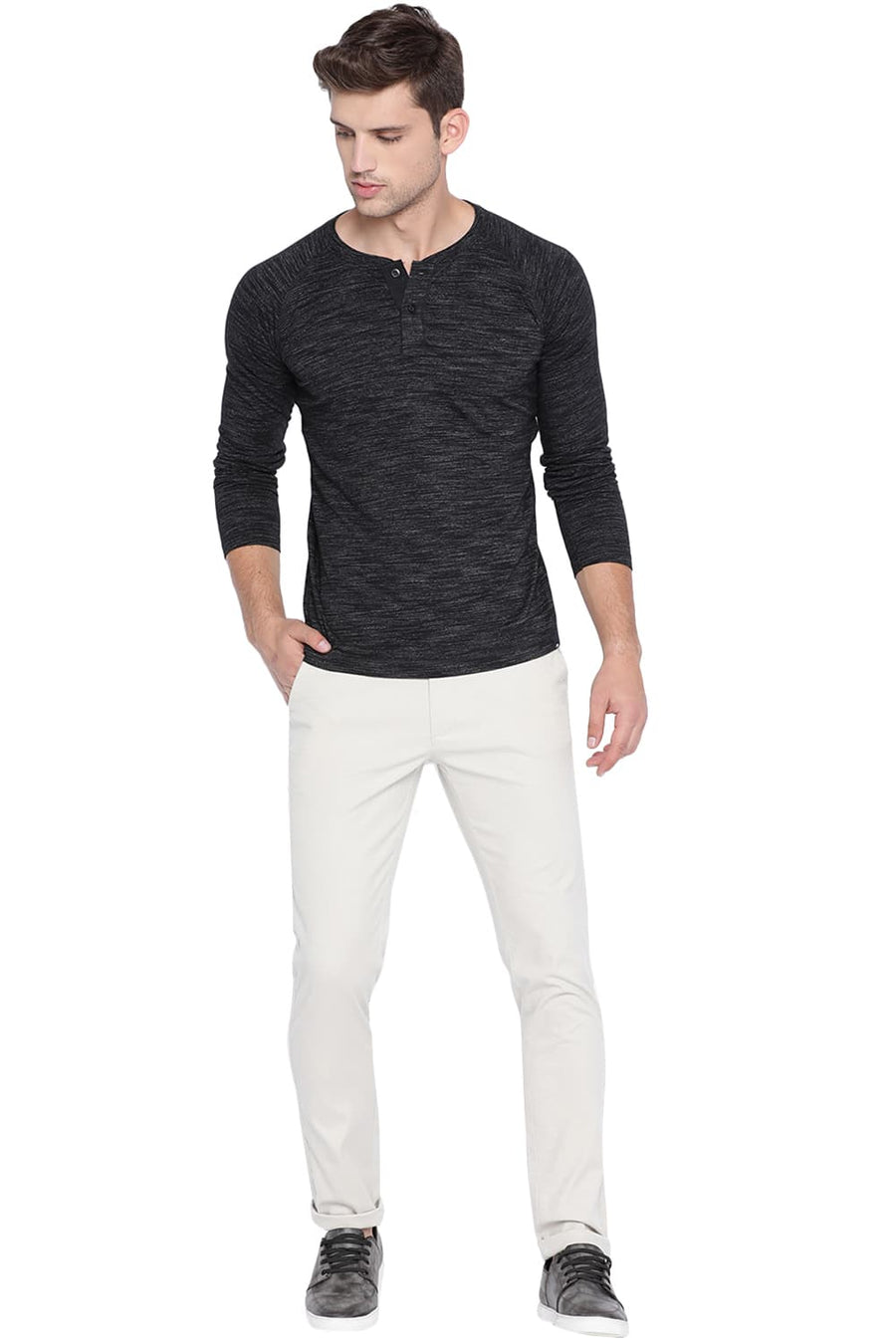 BASICS MUSCLE FIT JET BLACK HENLEY T SHIRT