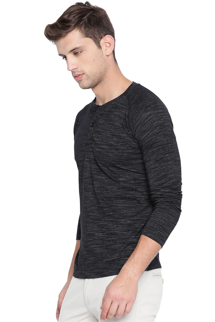 BASICS MUSCLE FIT JET BLACK HENLEY T SHIRT