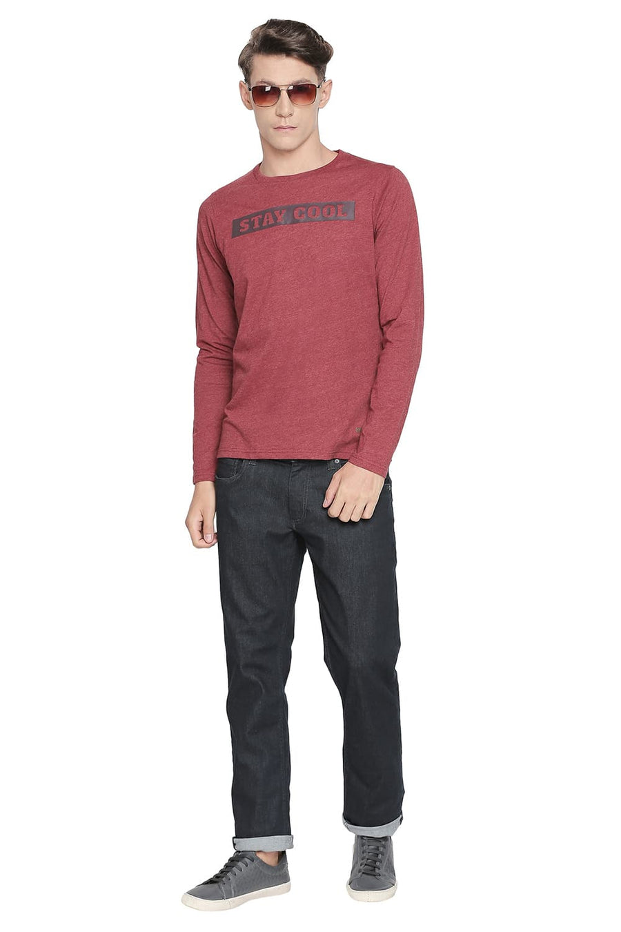 BASICS MUSCLE FIT MERLOT CREW NECK LONG SLEEVE T SHIRT