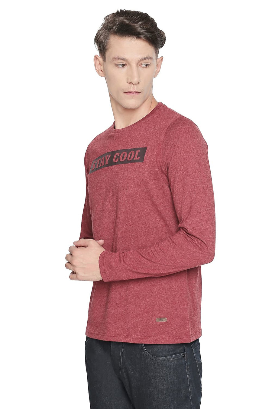 BASICS MUSCLE FIT MERLOT CREW NECK LONG SLEEVE T SHIRT