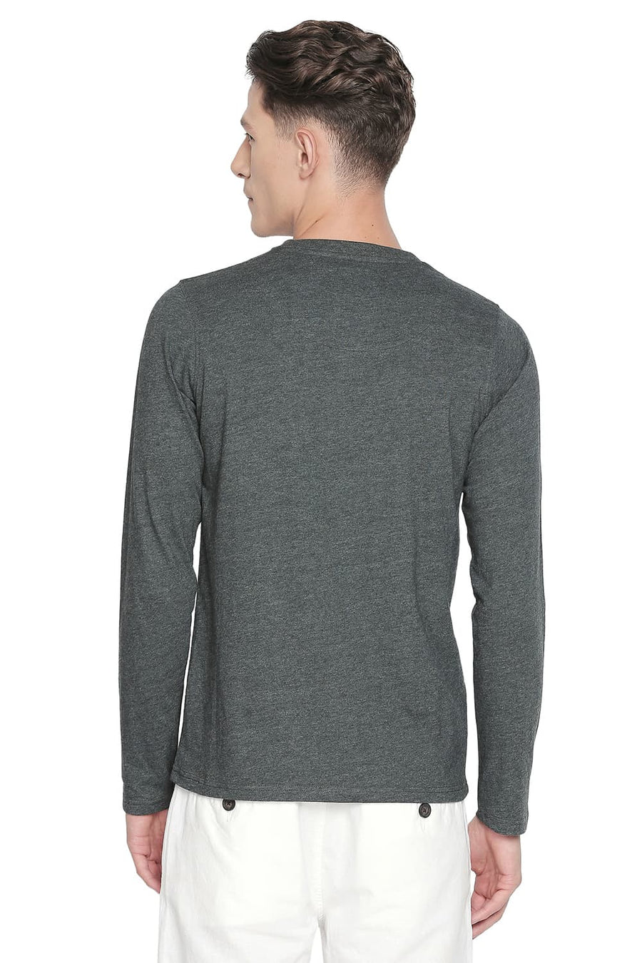 BASICS MUSCLE FIT HEATHER GREY CREW NECK LONG SLEEVE T SHIRT
