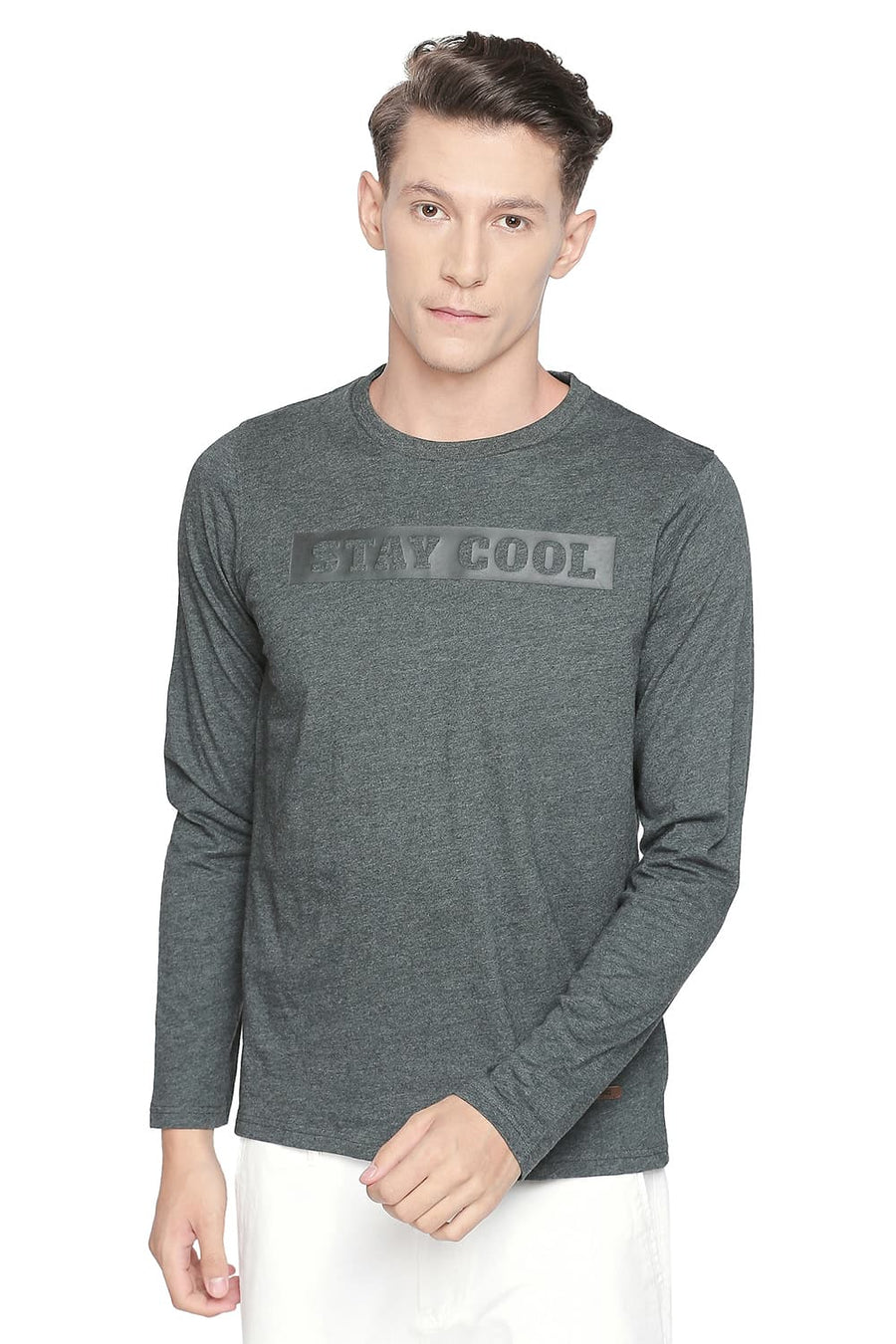 BASICS MUSCLE FIT HEATHER GREY CREW NECK LONG SLEEVE T SHIRT