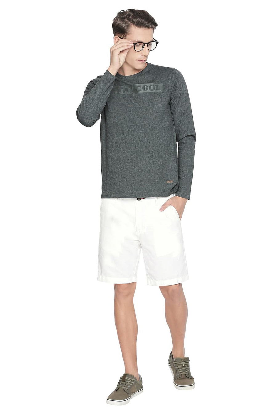 BASICS MUSCLE FIT HEATHER GREY CREW NECK LONG SLEEVE T SHIRT