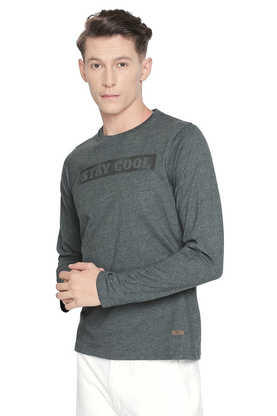 BASICS MUSCLE FIT HEATHER GREY CREW NECK LONG SLEEVE T SHIRT