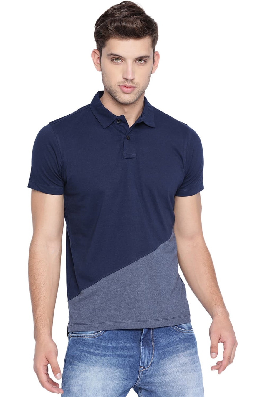 BASICS MUSCLE FIT IRIS NAVY POLO T SHIRT