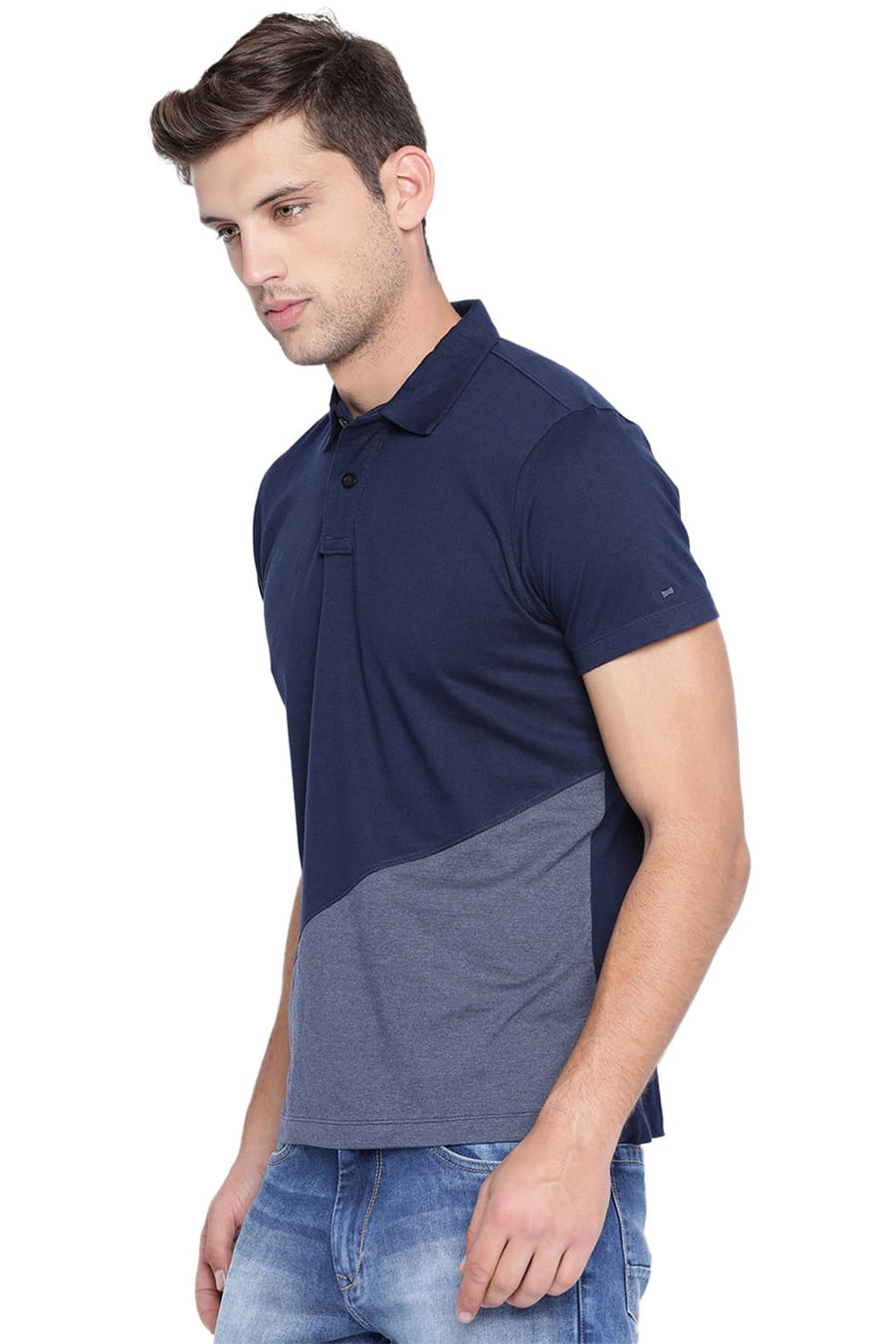 BASICS MUSCLE FIT IRIS NAVY POLO T SHIRT