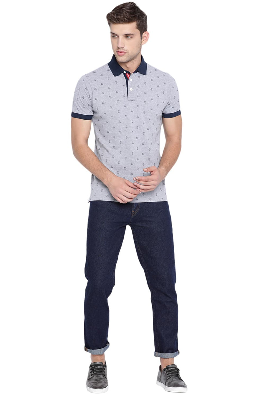 BASICS MUSCLE FIT GREY HEATHER POLO T SHIRT