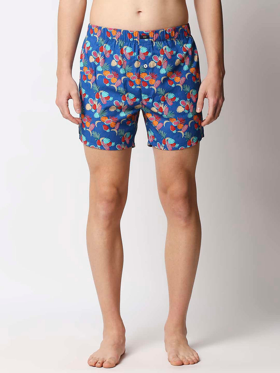 BASICS SNORKEL BLUE PRINTED PURE COTTON BOXERS