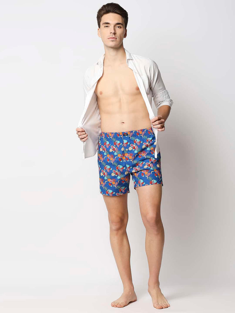 BASICS SNORKEL BLUE PRINTED PURE COTTON BOXERS