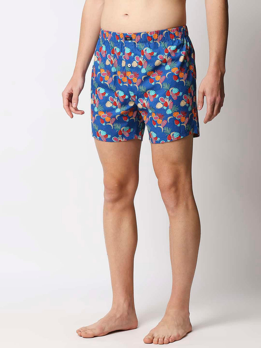 BASICS SNORKEL BLUE PRINTED PURE COTTON BOXERS