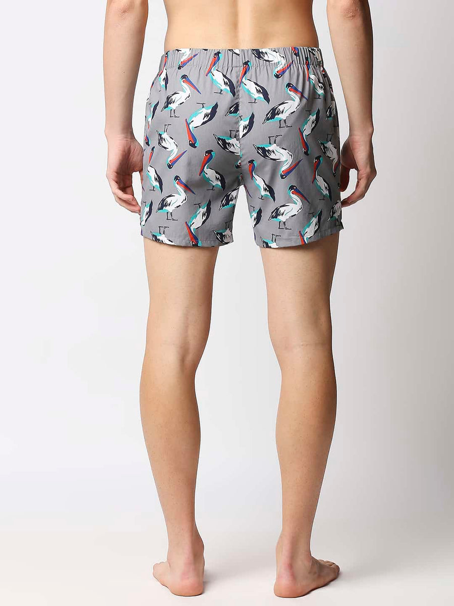 BASICS MOCKING BIRD GREY PRINTED PURE COTTON BOXERS