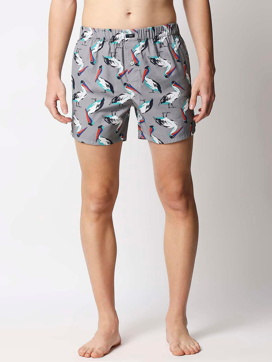 BASICS MOCKING BIRD GREY PRINTED PURE COTTON BOXERS