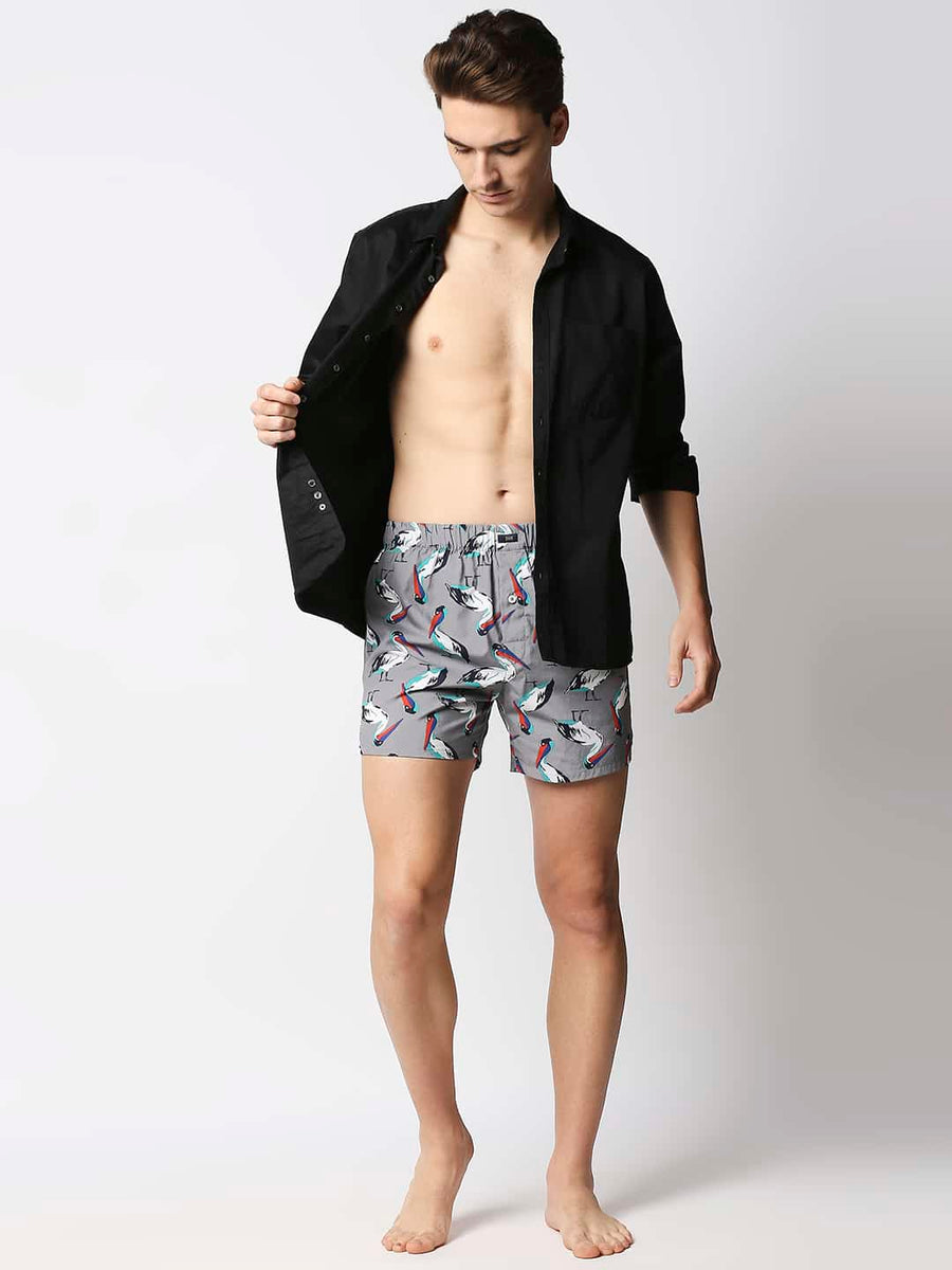 BASICS MOCKING BIRD GREY PRINTED PURE COTTON BOXERS