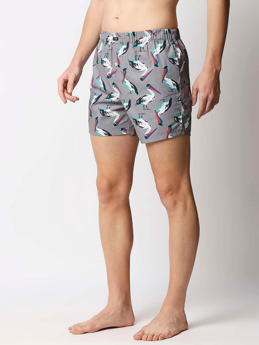 BASICS MOCKING BIRD GREY PRINTED PURE COTTON BOXERS